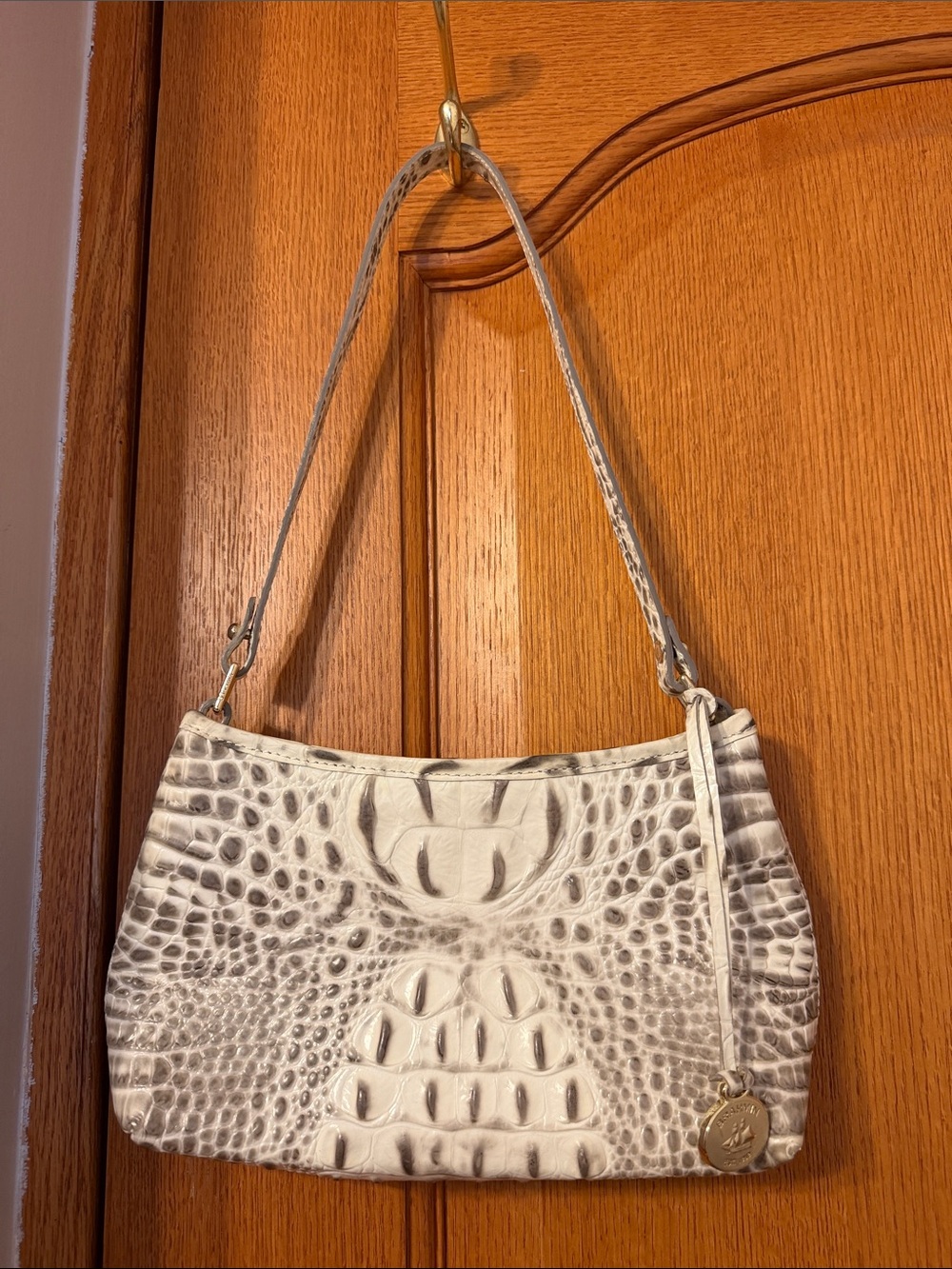 Brahmin White and Gray Croc-Embossed Shoulder Bag